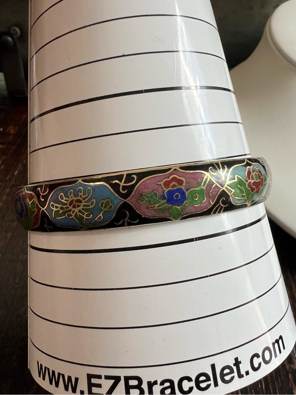 Vintage Estate Flower Leaves Black Cloisonné Enamel Wide Bangle Bracelet - Picture 10 of 14
